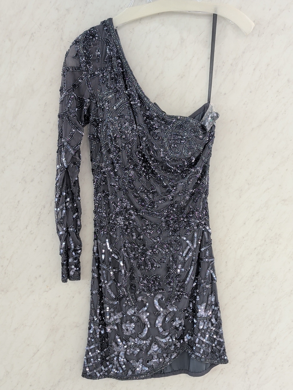 Sherri Hill One-Shoulder Beaded Slate Cocktail Dress
